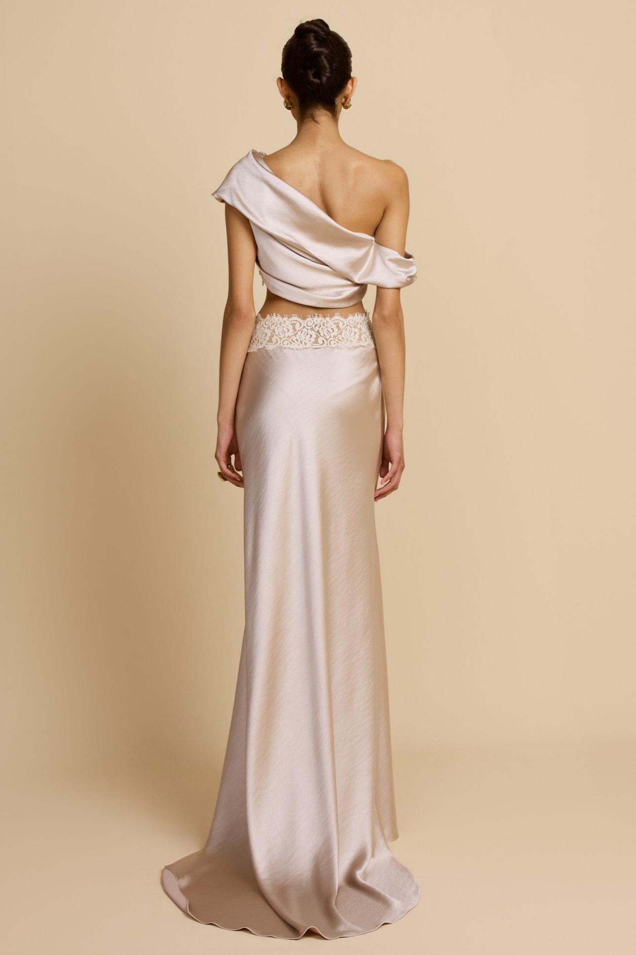 Satin Pleated Skew Collar Top & Lace Splicing Skirt Set