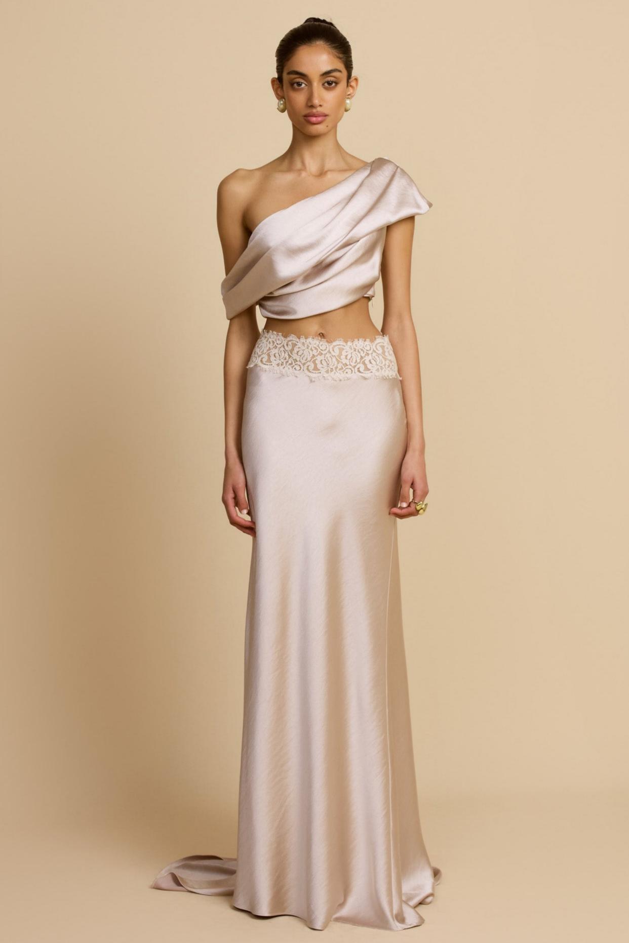 Satin Pleated Skew Collar Top & Lace Splicing Skirt Set