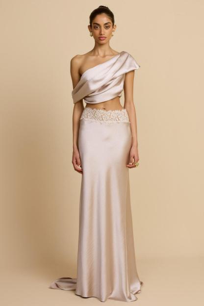 Satin Pleated Skew Collar Top & Lace Splicing Skirt Set