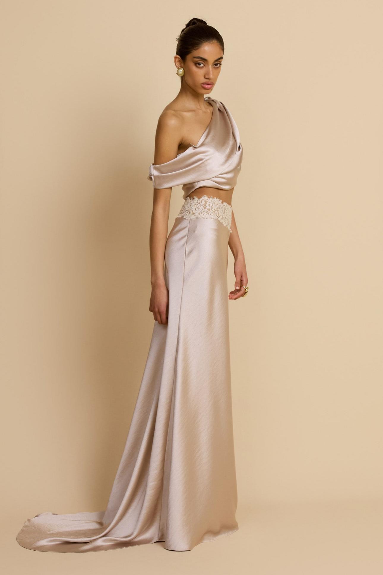 Satin Pleated Skew Collar Top & Lace Splicing Skirt Set