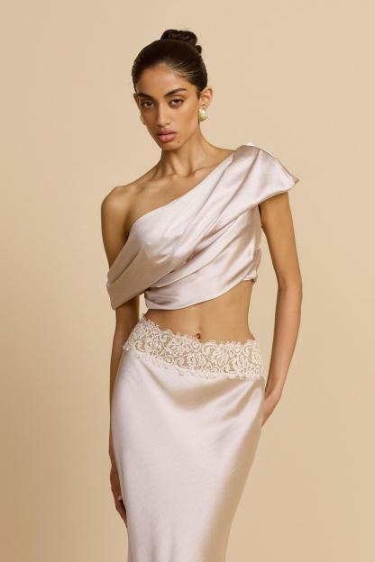 Satin Pleated Skew Collar Top & Lace Splicing Skirt Set