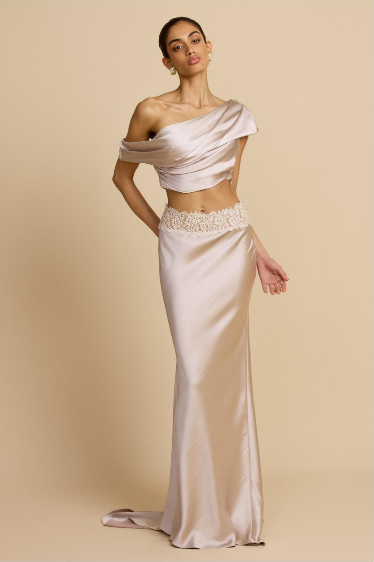 Satin Pleated Skew Collar Top & Lace Splicing Skirt Set