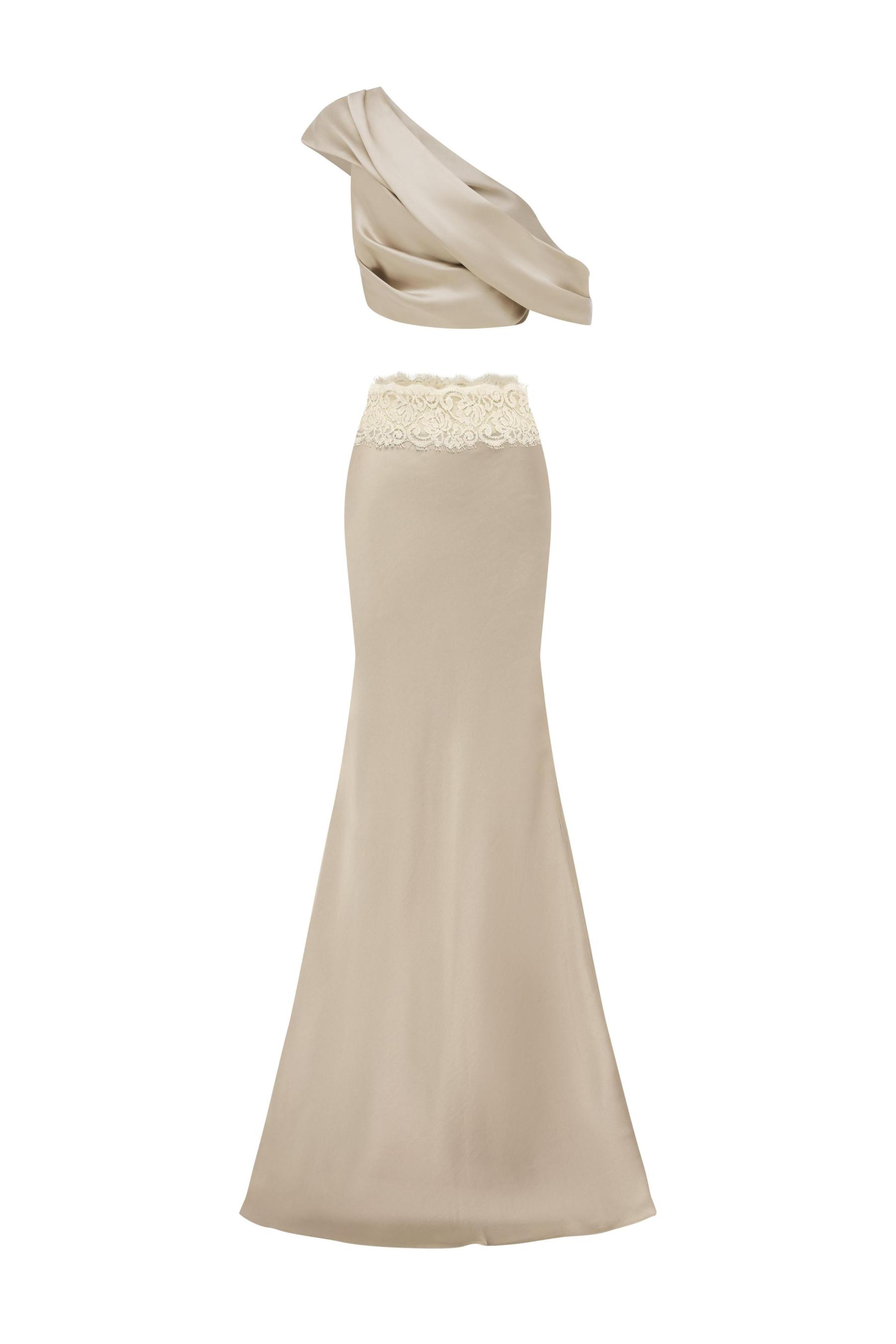 Satin Pleated Skew Collar Top & Lace Splicing Skirt Set