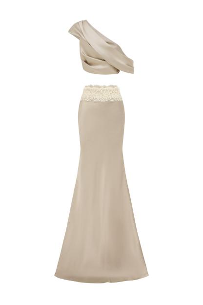 Satin Pleated Skew Collar Top & Lace Splicing Skirt Set