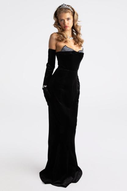 Velvet Rhinestone Off Shoulder Maxi Dress With Gloves