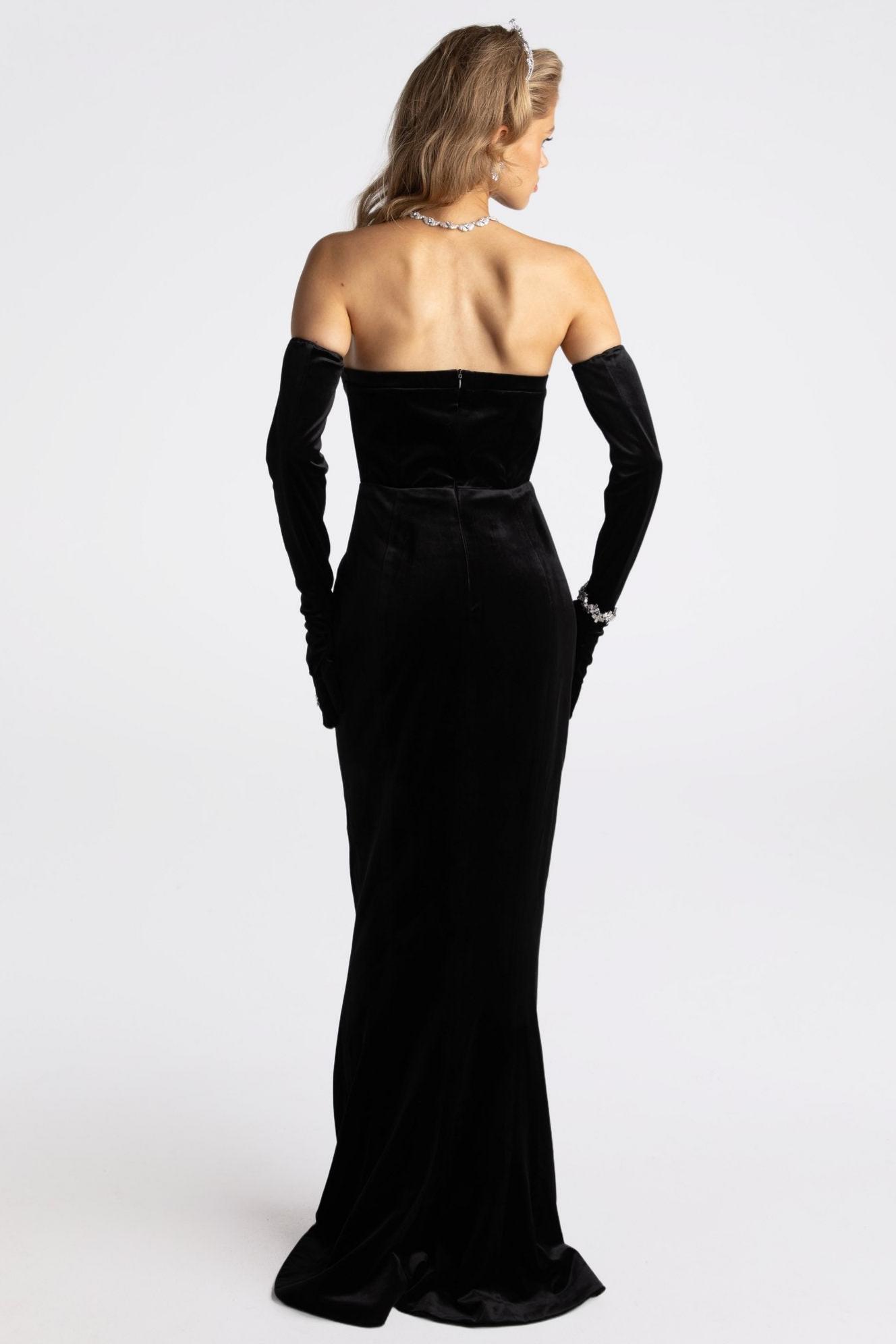 Velvet Rhinestone Off Shoulder Maxi Dress With Gloves