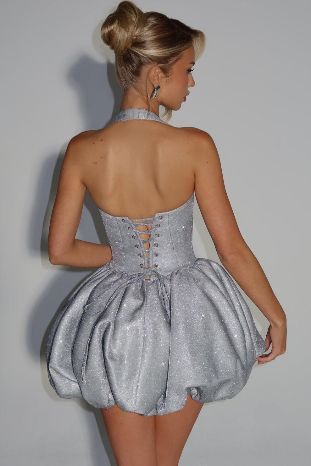 Woven Glitter Halter Neck Tie-Up Mini Dress