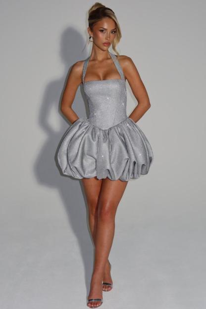 Woven Glitter Halter Neck Tie-Up Mini Dress