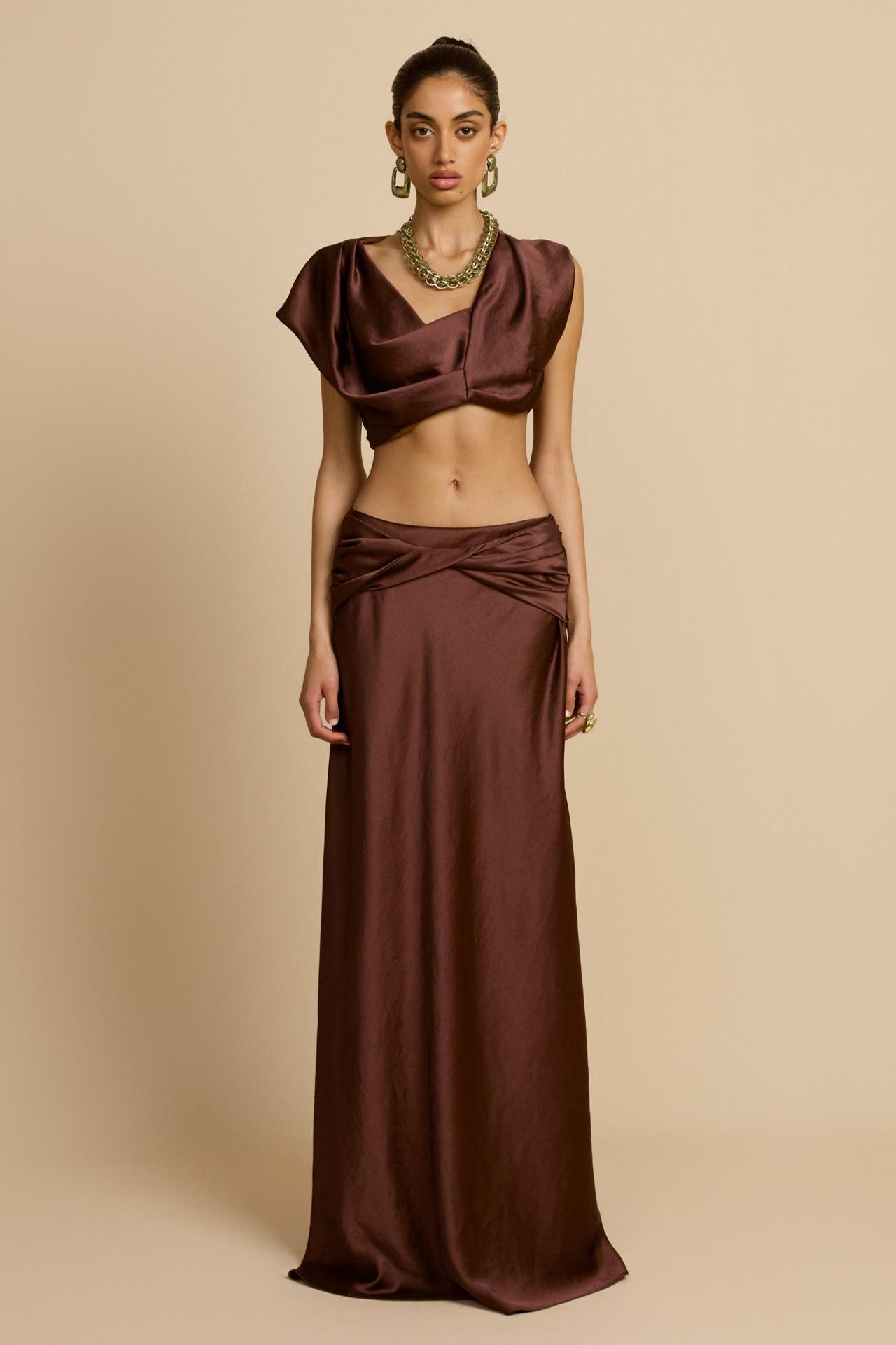 Satin Asymmetrical Sleeve Top & Maxi Skirt Set