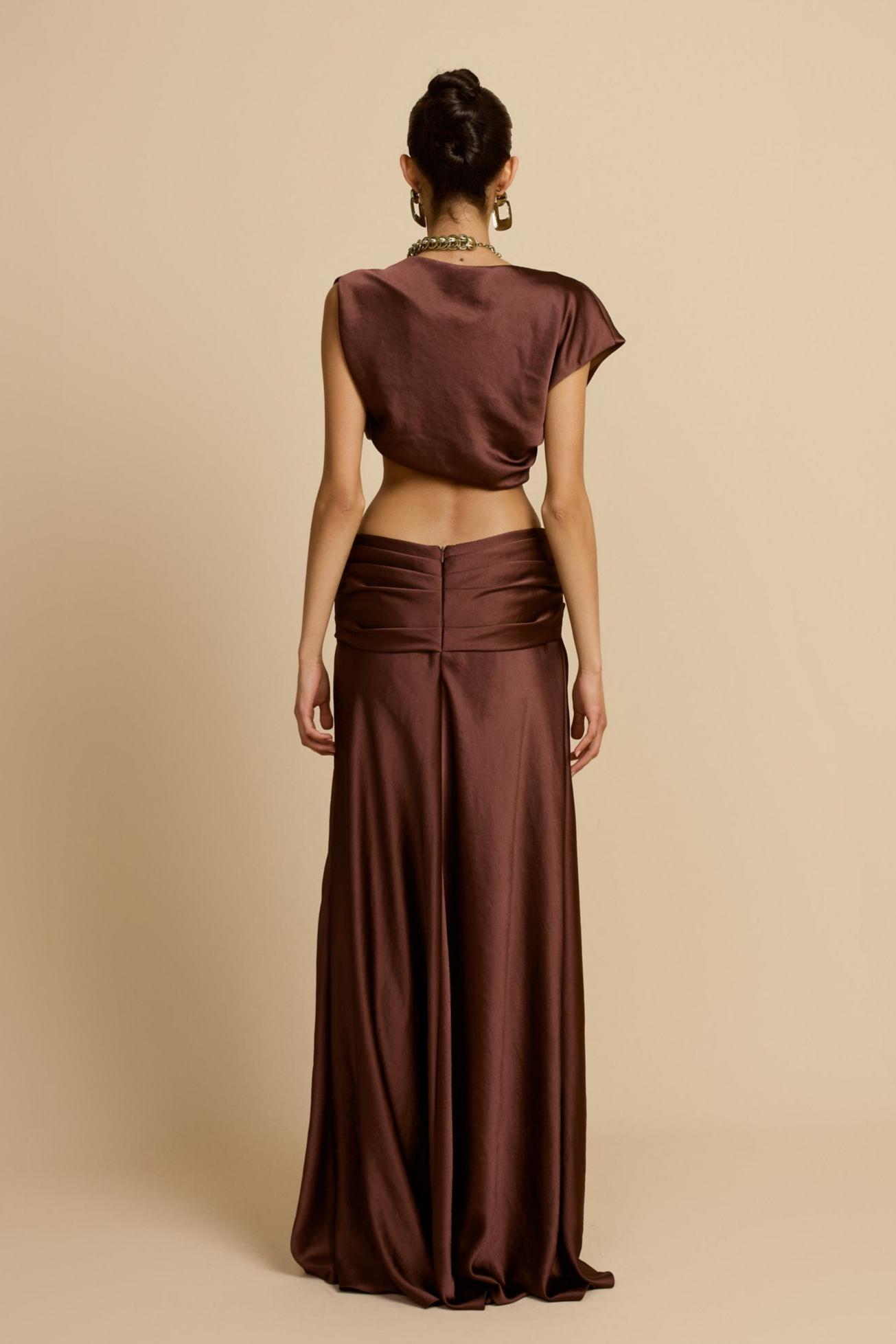 Satin Asymmetrical Sleeve Top & Maxi Skirt Set