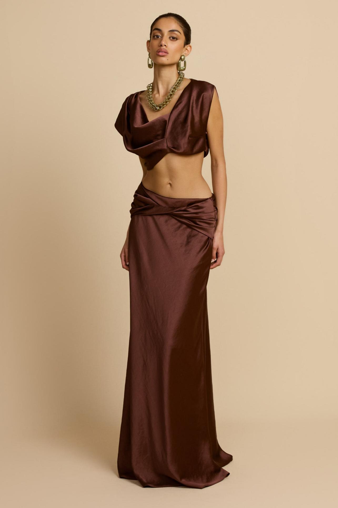 Satin Asymmetrical Sleeve Top & Maxi Skirt Set