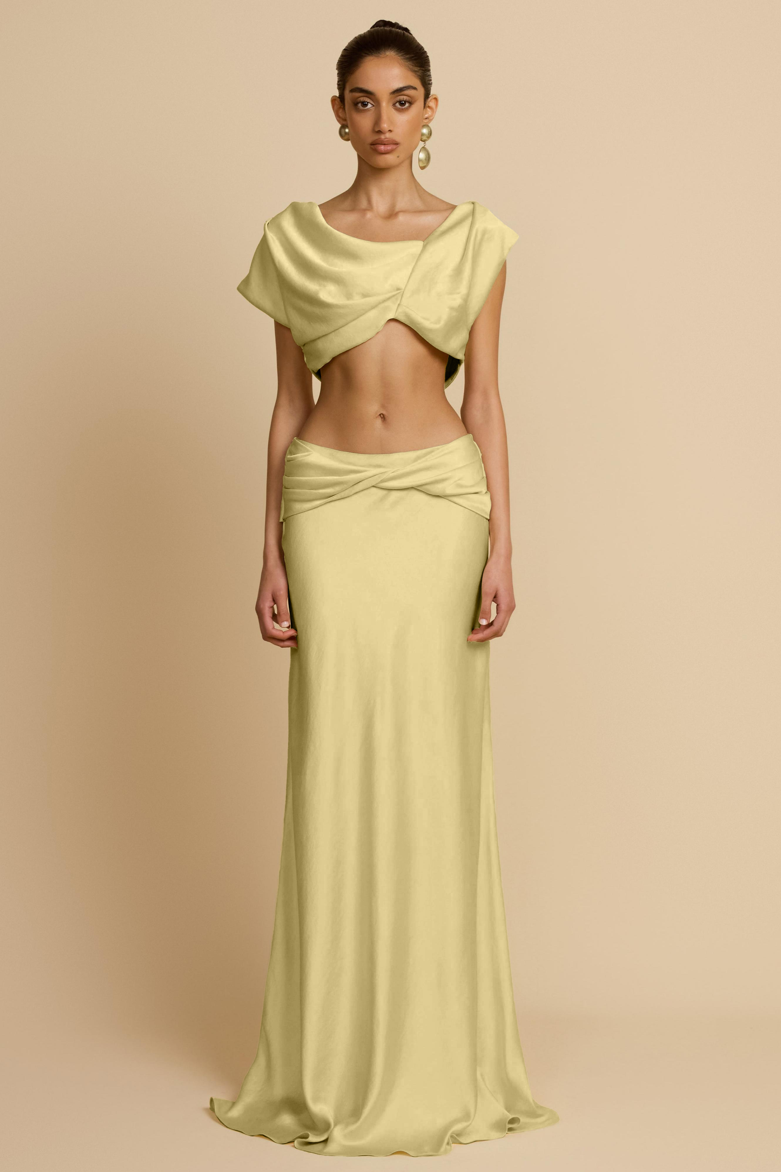 Satin Asymmetrical Sleeve Top & Maxi Skirt Set
