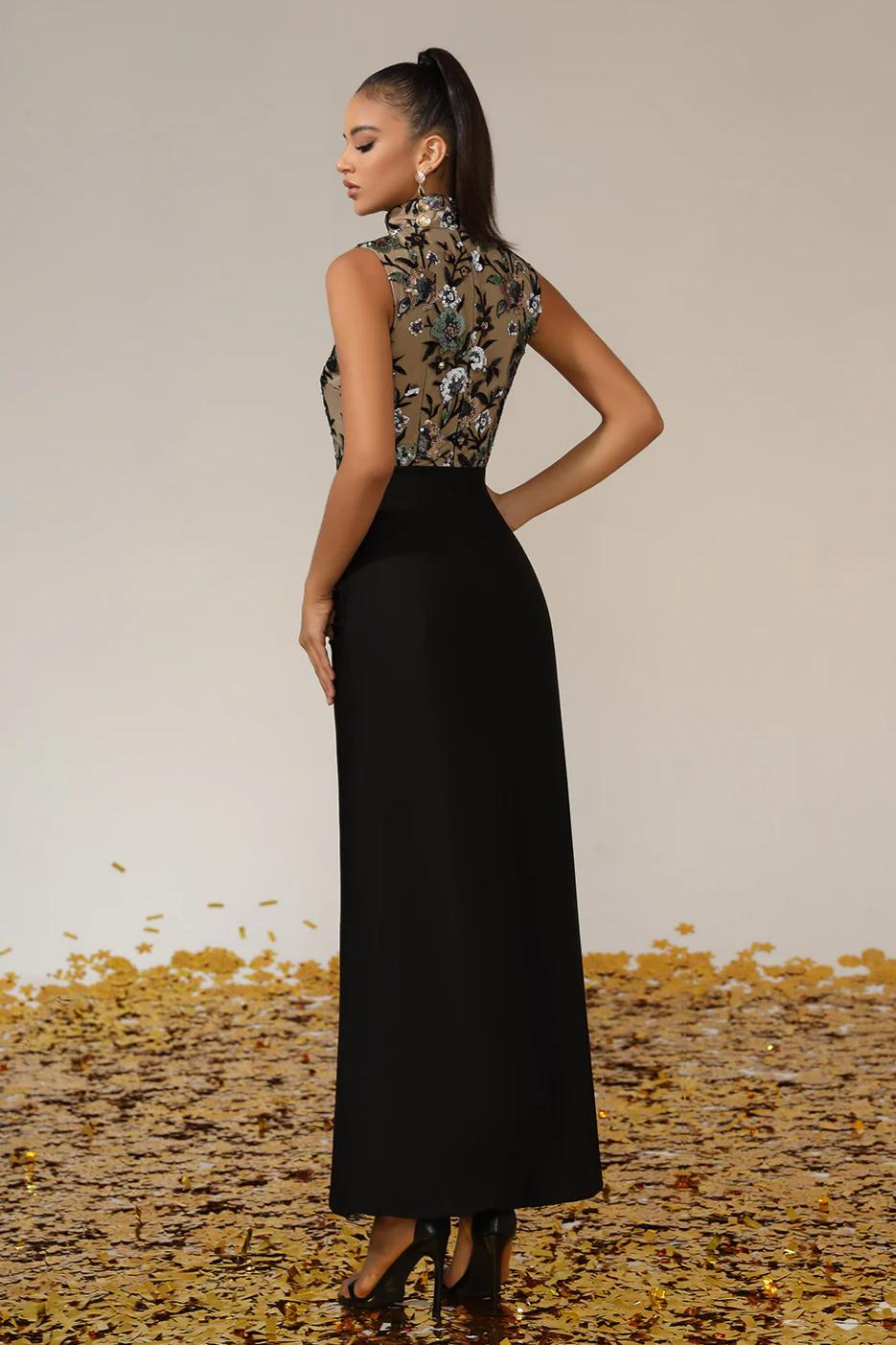 Sequin Embroidered Splicing Jersey Sleeveless Maxi Dress