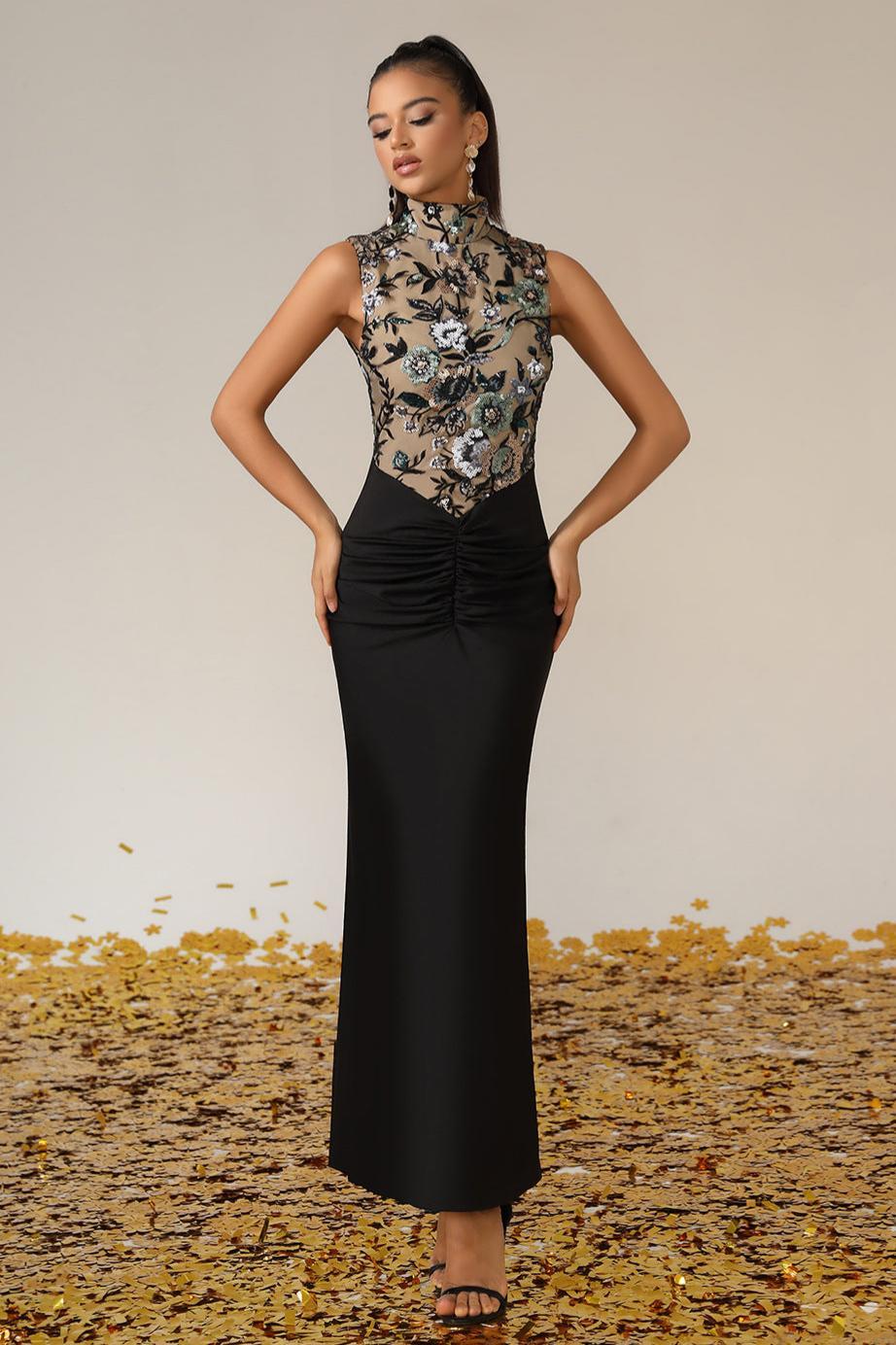 Sequin Embroidered Splicing Jersey Sleeveless Maxi Dress