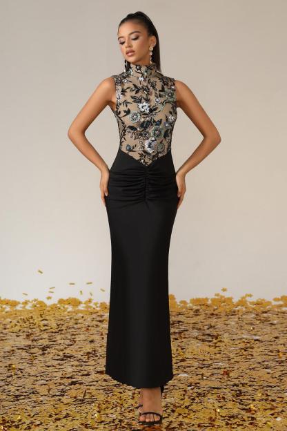 Sequin Embroidered Splicing Jersey Sleeveless Maxi Dress