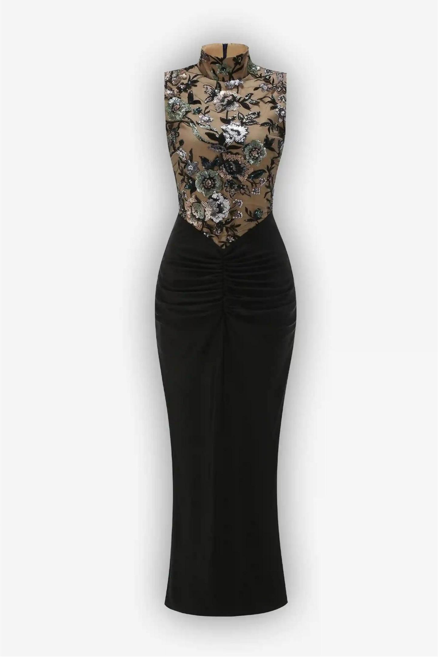 Sequin Embroidered Splicing Jersey Sleeveless Maxi Dress