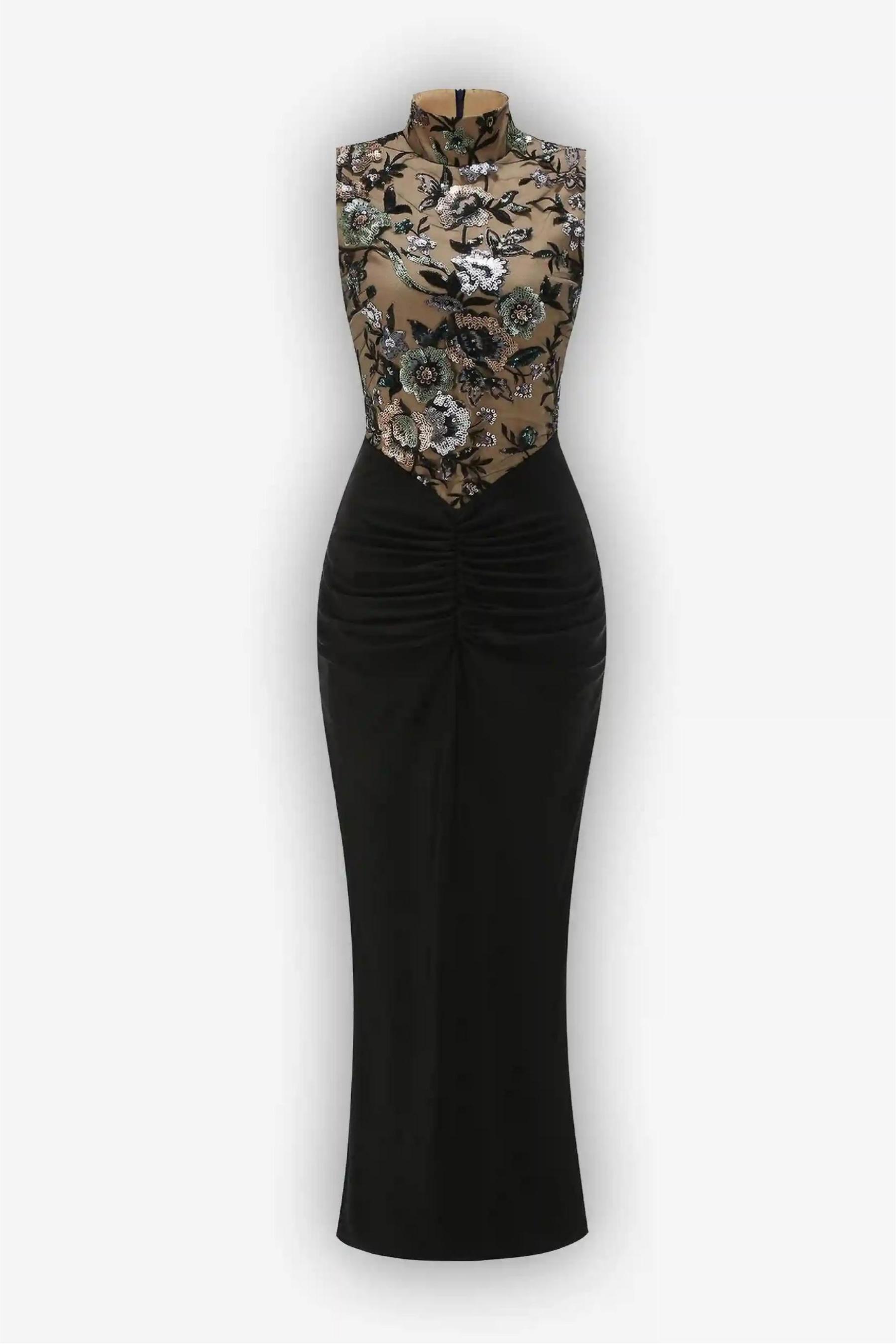 Sequin Embroidered Splicing Jersey Sleeveless Maxi Dress