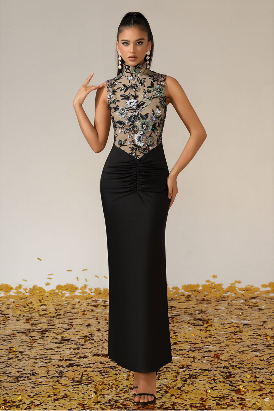 Sequin Embroidered Splicing Jersey Sleeveless Maxi Dress