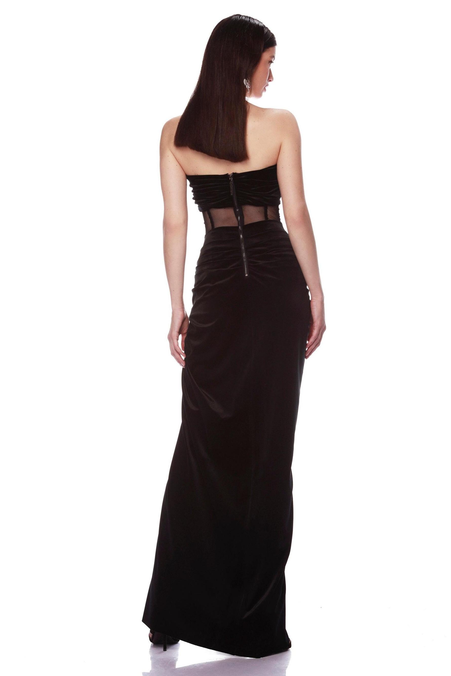 Velvet See-Through Slit Maxi Dress With Tassel Belt