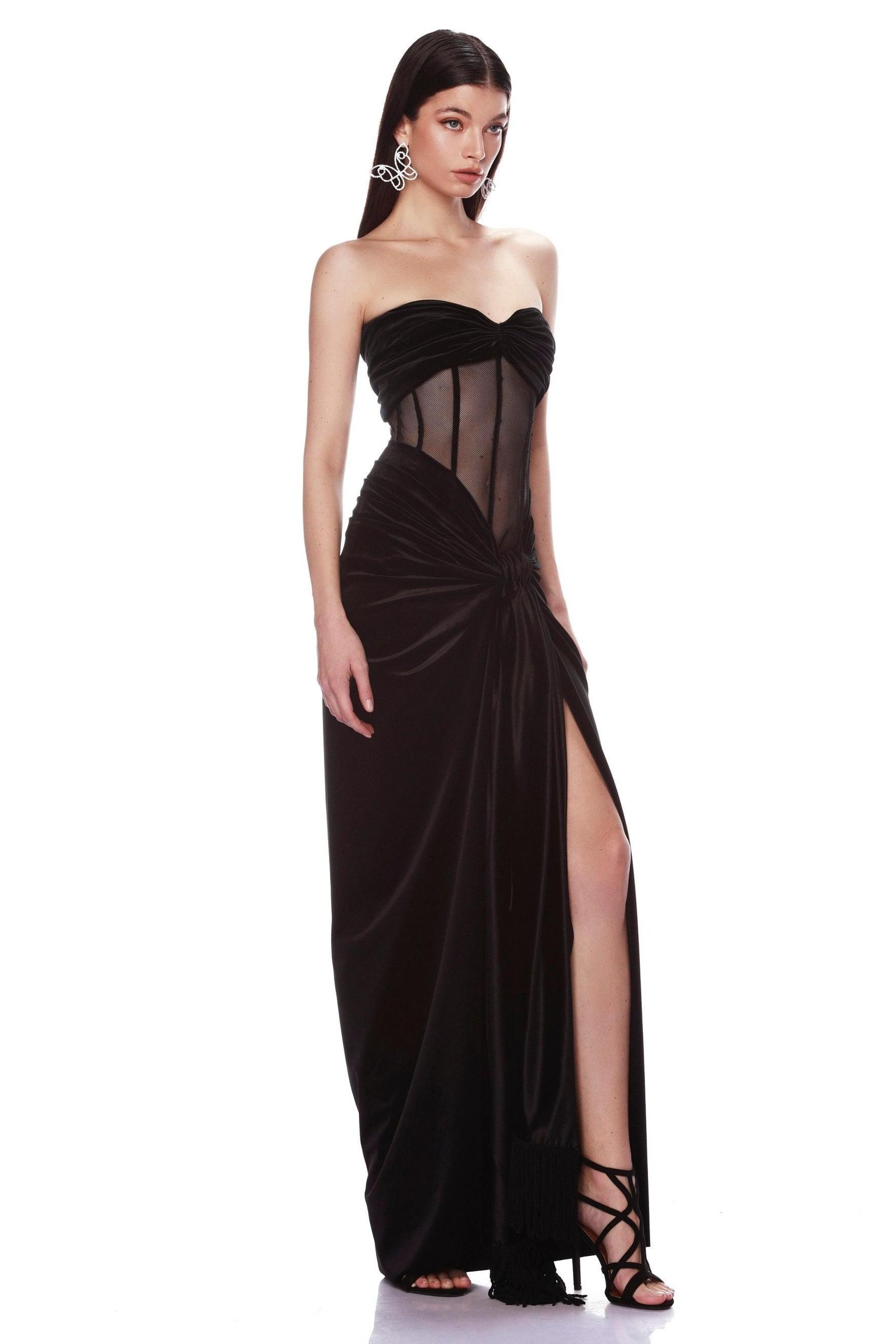 Velvet See-Through Slit Maxi Dress With Tassel Belt