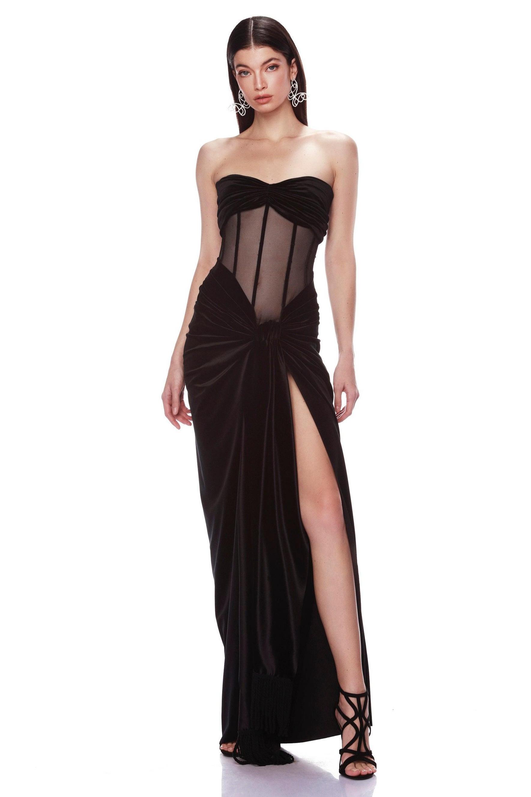 Velvet See-Through Slit Maxi Dress With Tassel Belt