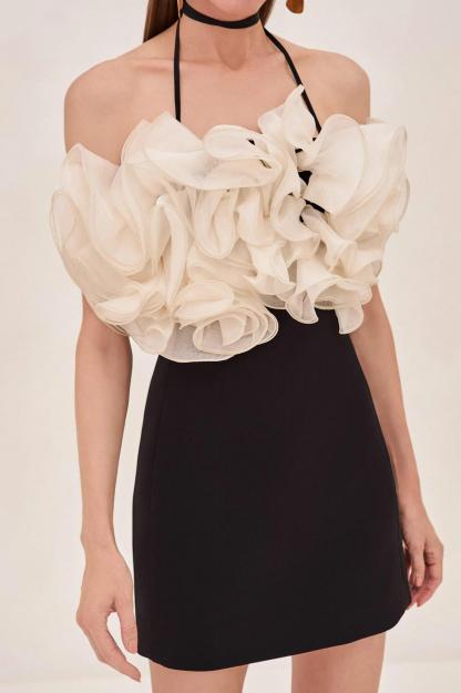 Contrast Color Ruffle Halter Neck Mini Dress