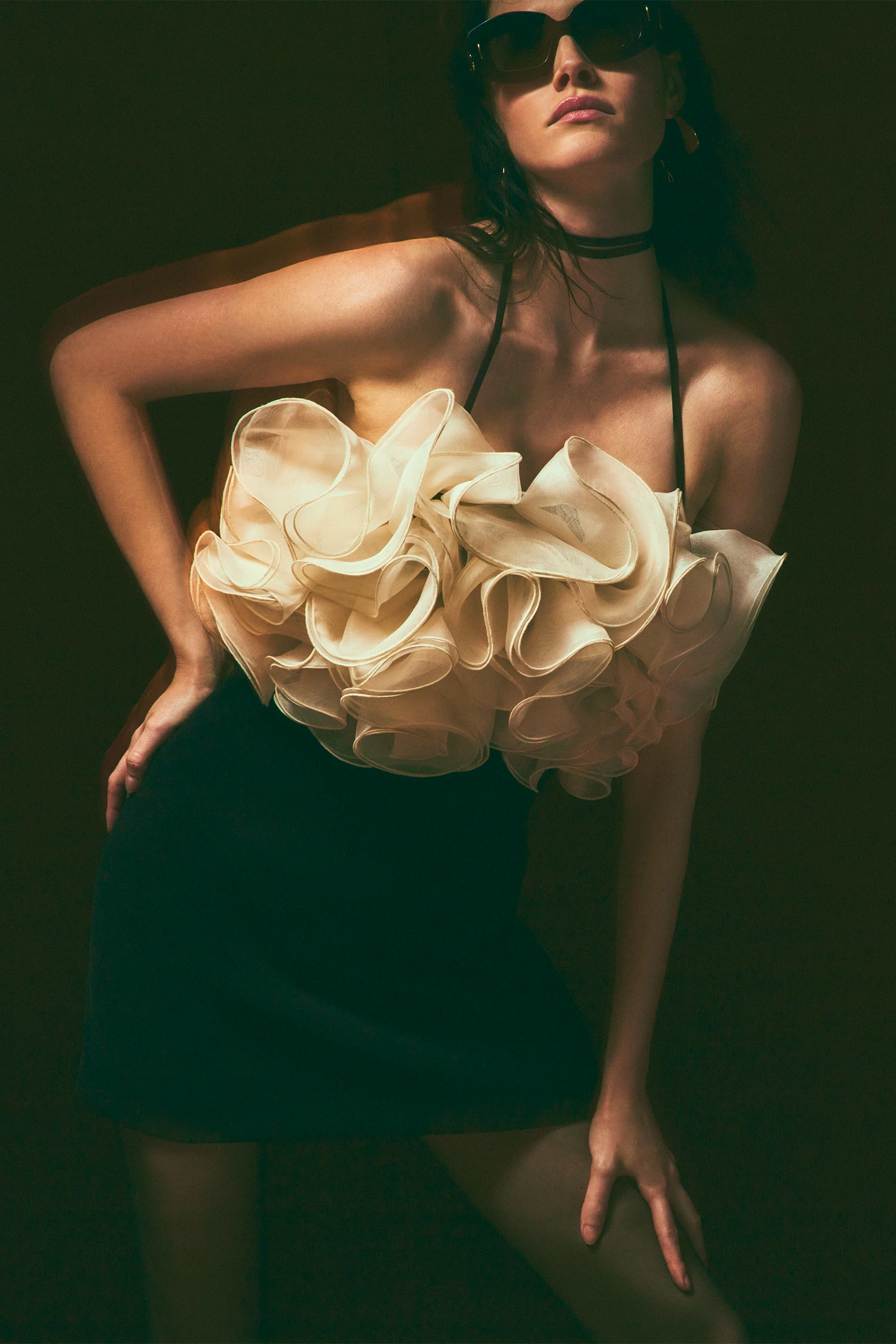 Contrast Color Ruffle Halter Neck Mini Dress