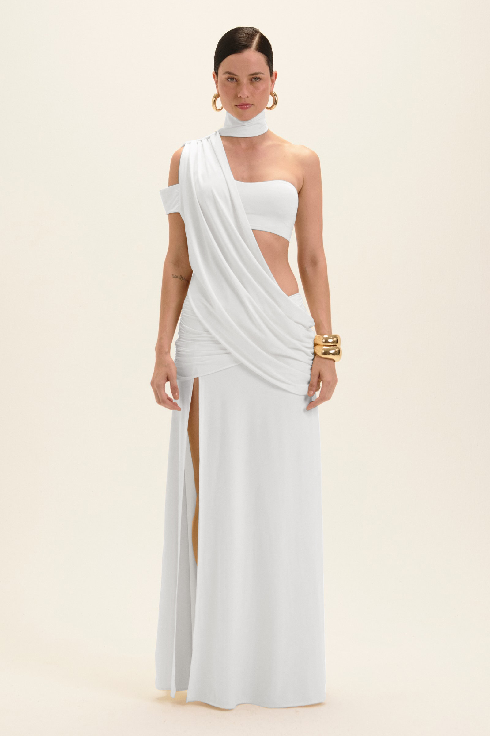 Solid Halter Neck Top & High Slit Maxi Skirt Set