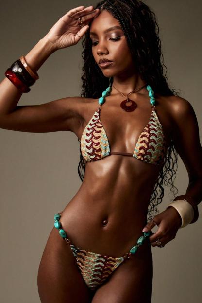 Crochet Beaded Halter Neck Bikini Two Piece Set