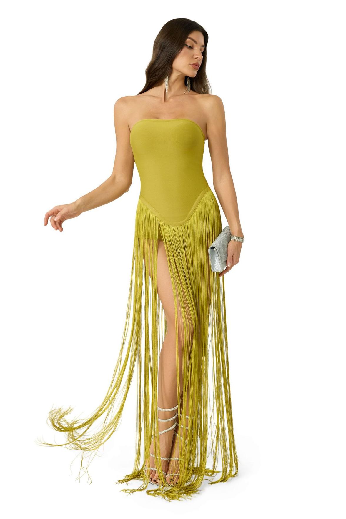 Off-Shoulder Bandage Tassel Maxi Dress