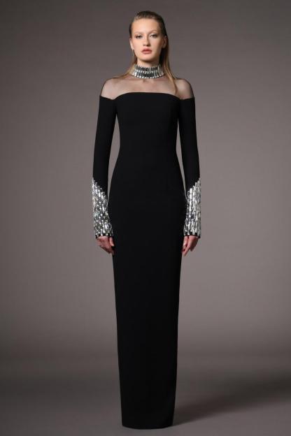 Rhinestone Long Sleeve Mesh Maxi Dress