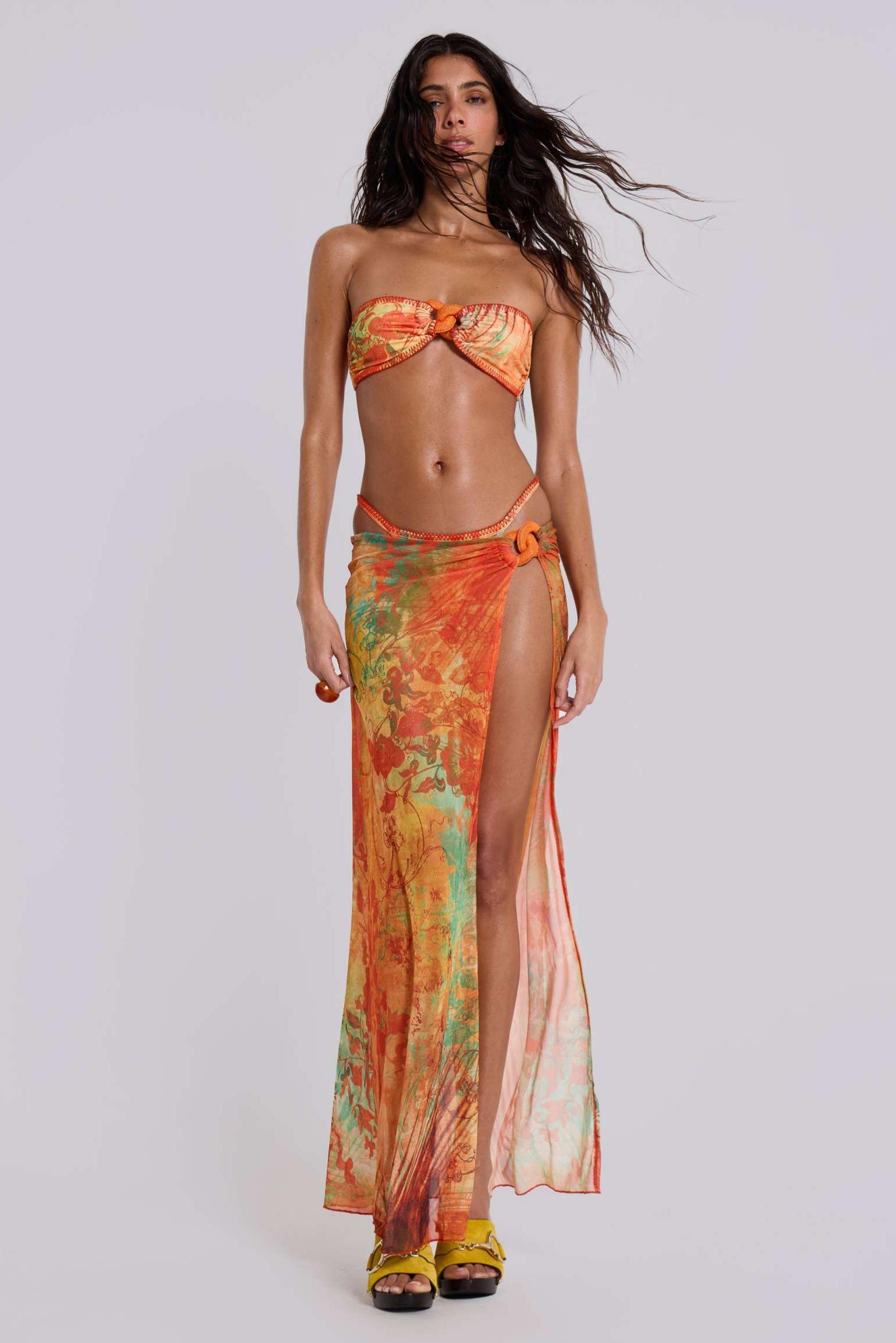 Abstract Print Strapless Bikini Three Piece Set