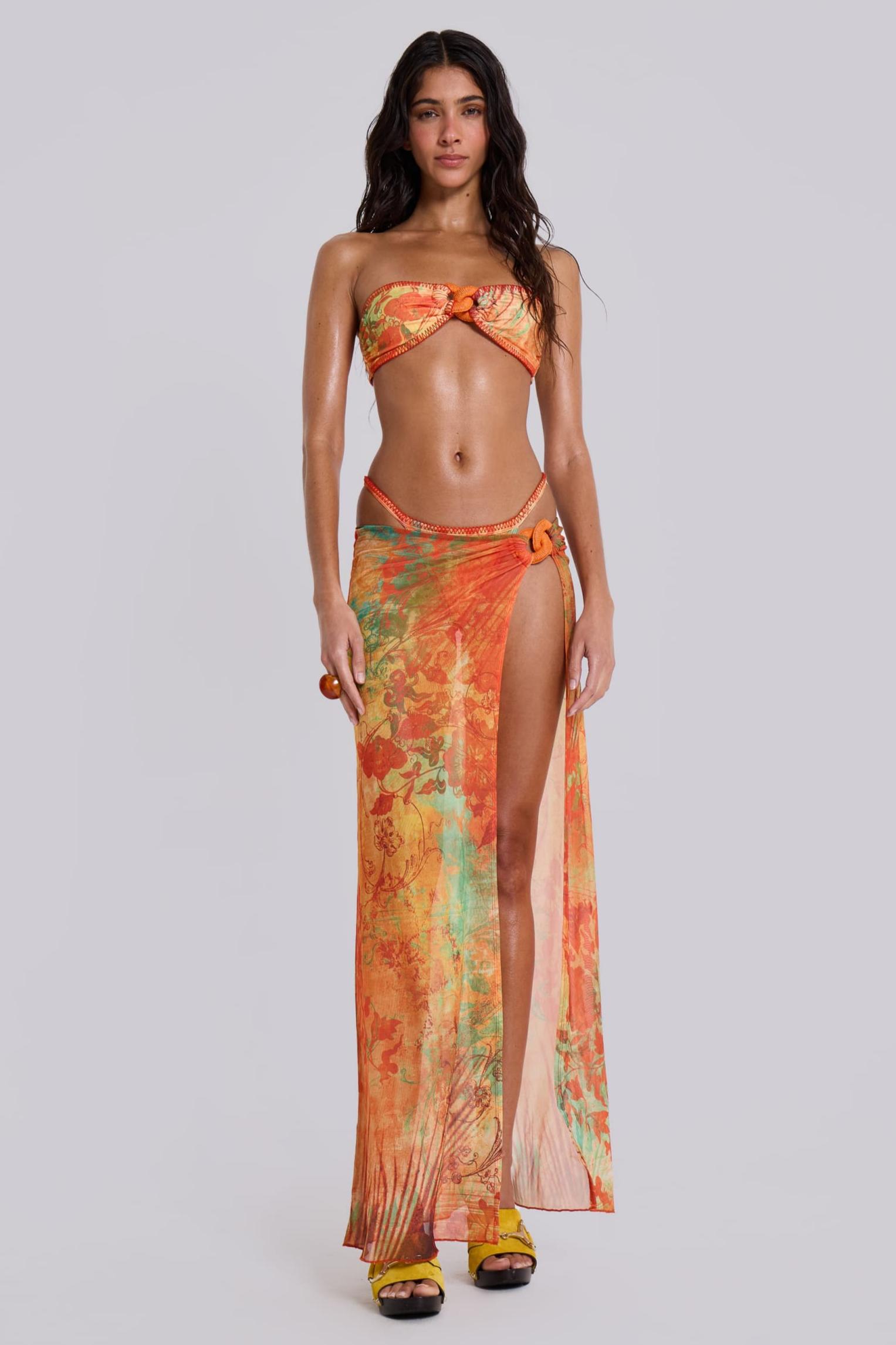 Abstract Print Strapless Bikini Three Piece Set