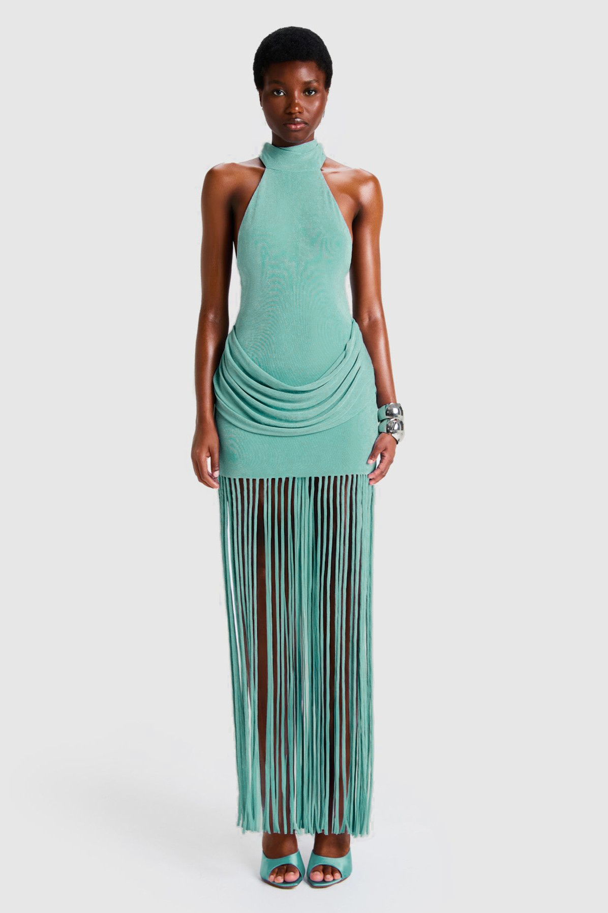 Jersey Halter Neck Tassel Maxi Dress