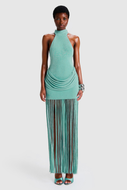 Jersey Halter Neck Tassel Maxi Dress