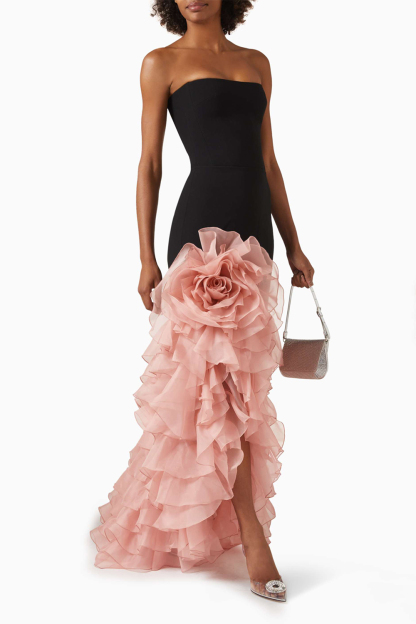 3D Flower Off-Shoulder Frill Maxi Dress