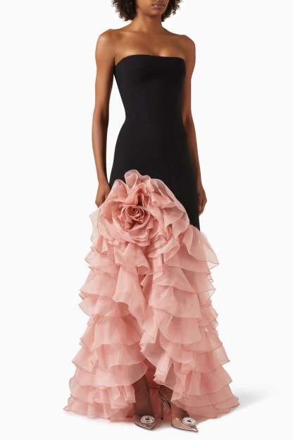 3D Flower Off-Shoulder Frill Maxi Dress