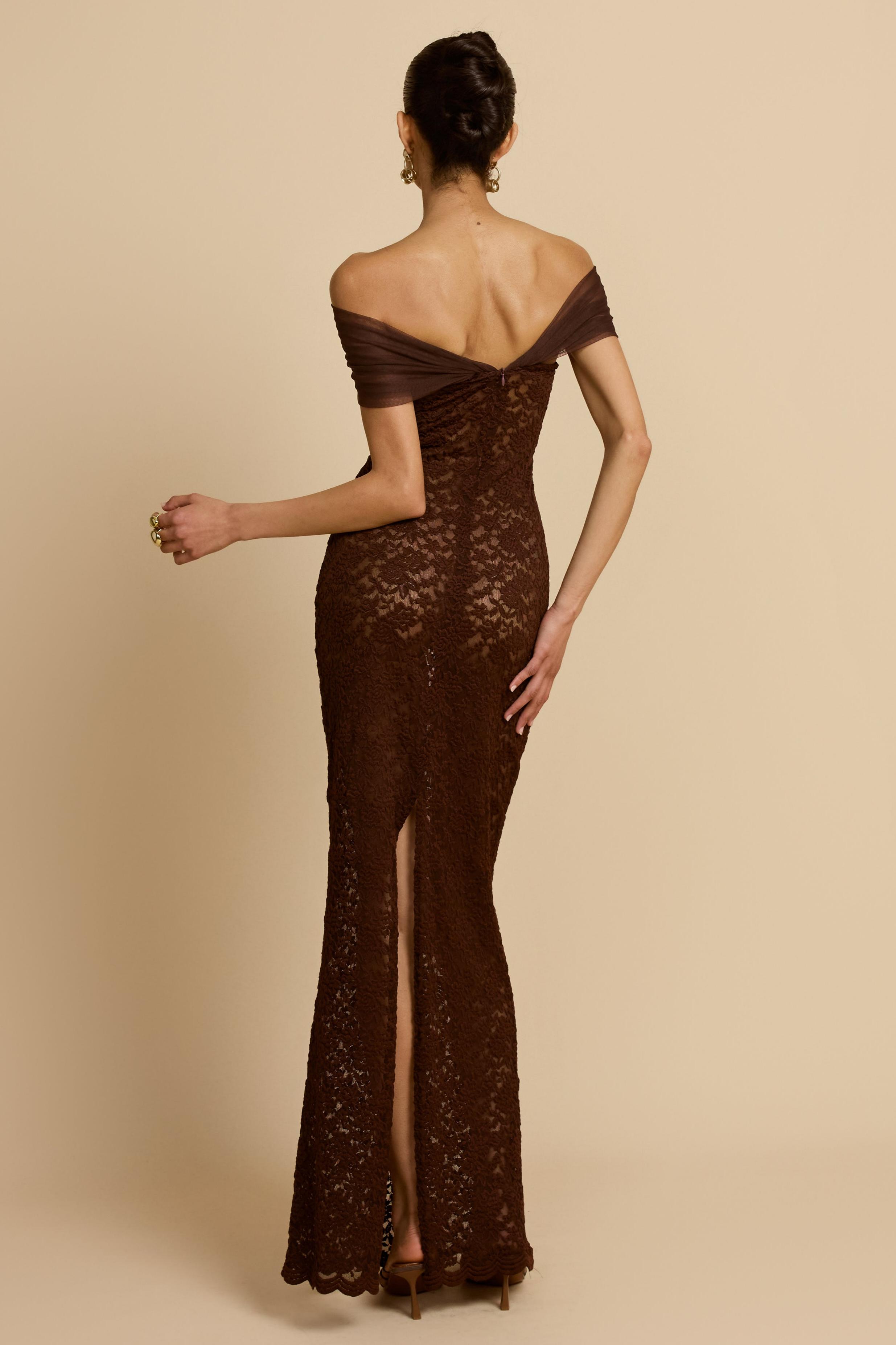 Off Shoulder Lace See-Through Maxi Dress