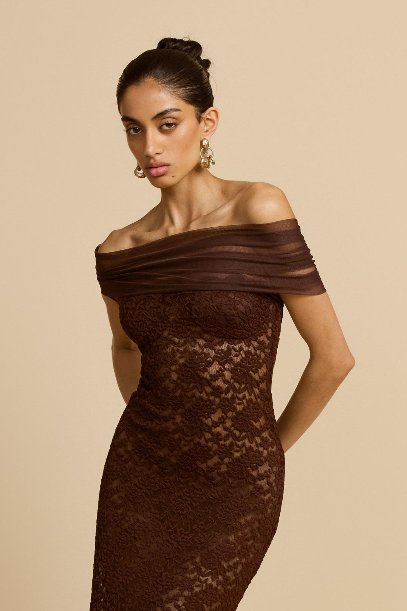 Off Shoulder Lace See-Through Maxi Dress