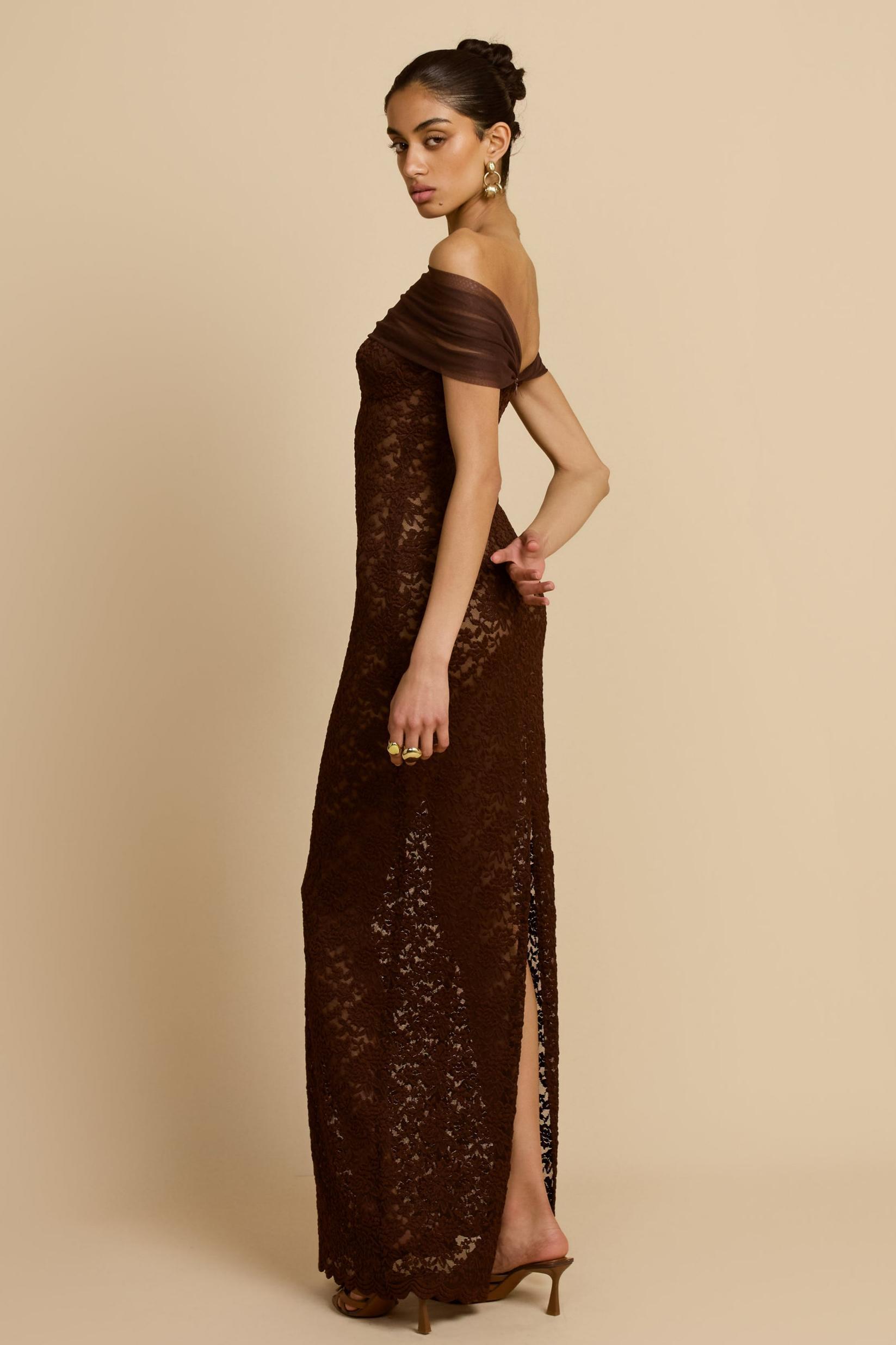 Off Shoulder Lace See-Through Maxi Dress