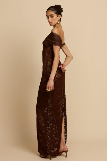 Off Shoulder Lace See-Through Maxi Dress