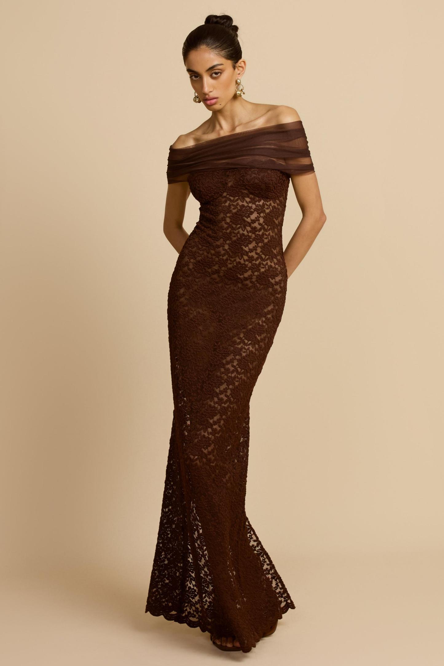 Off Shoulder Lace See-Through Maxi Dress