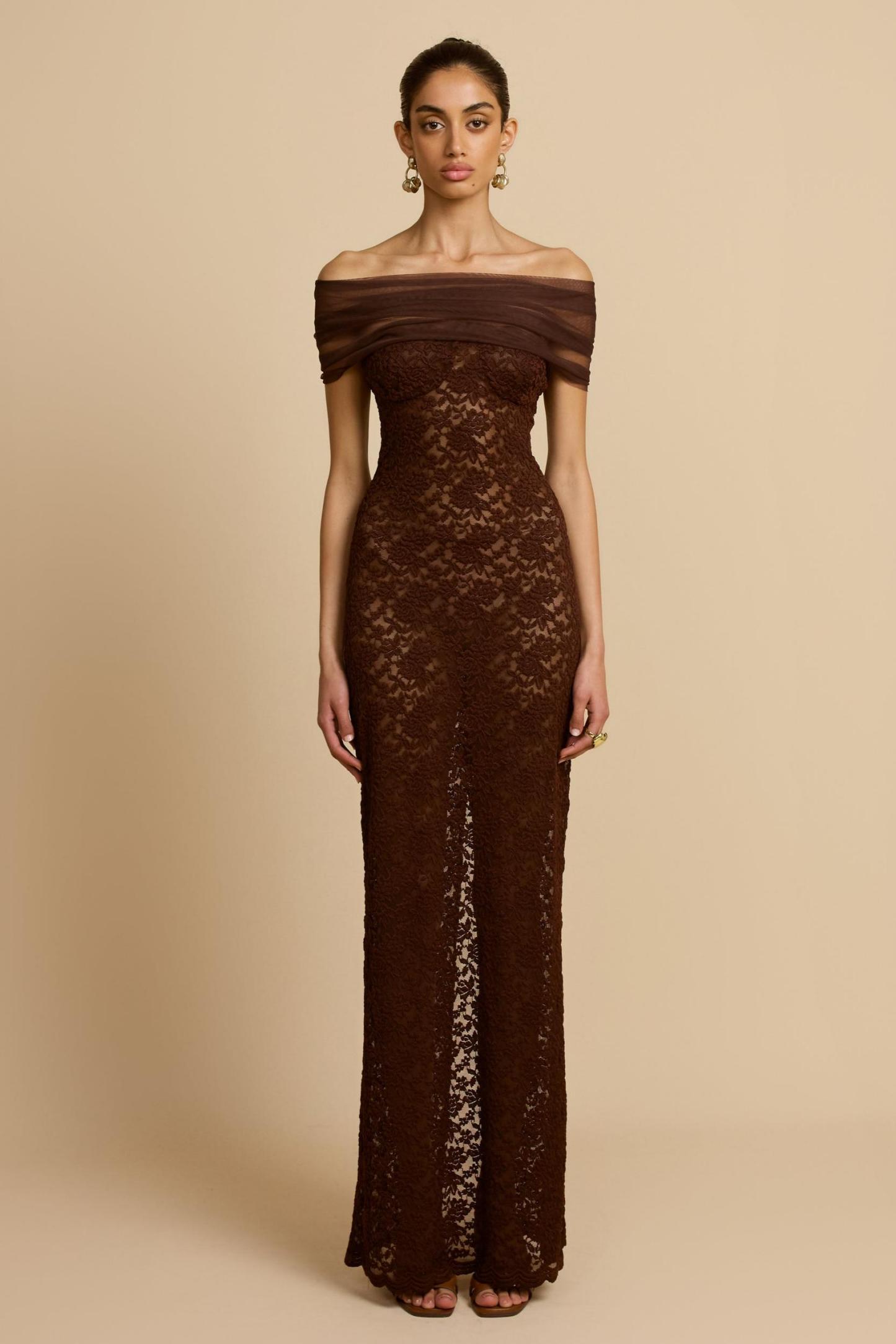 Off Shoulder Lace See-Through Maxi Dress