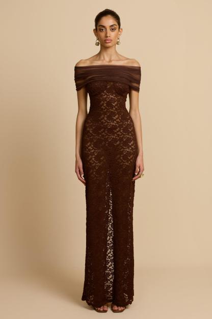 Off Shoulder Lace See-Through Maxi Dress