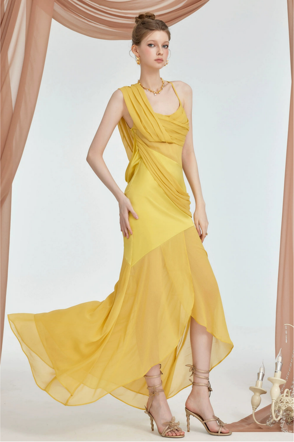 Mesh Asymmetrical Gathering Maxi Dress