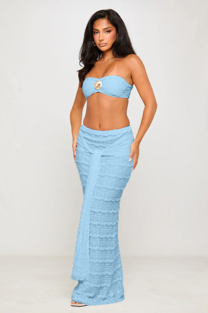 Metal Shell Strapless Top & Lace-Up Maxi Skirt Set