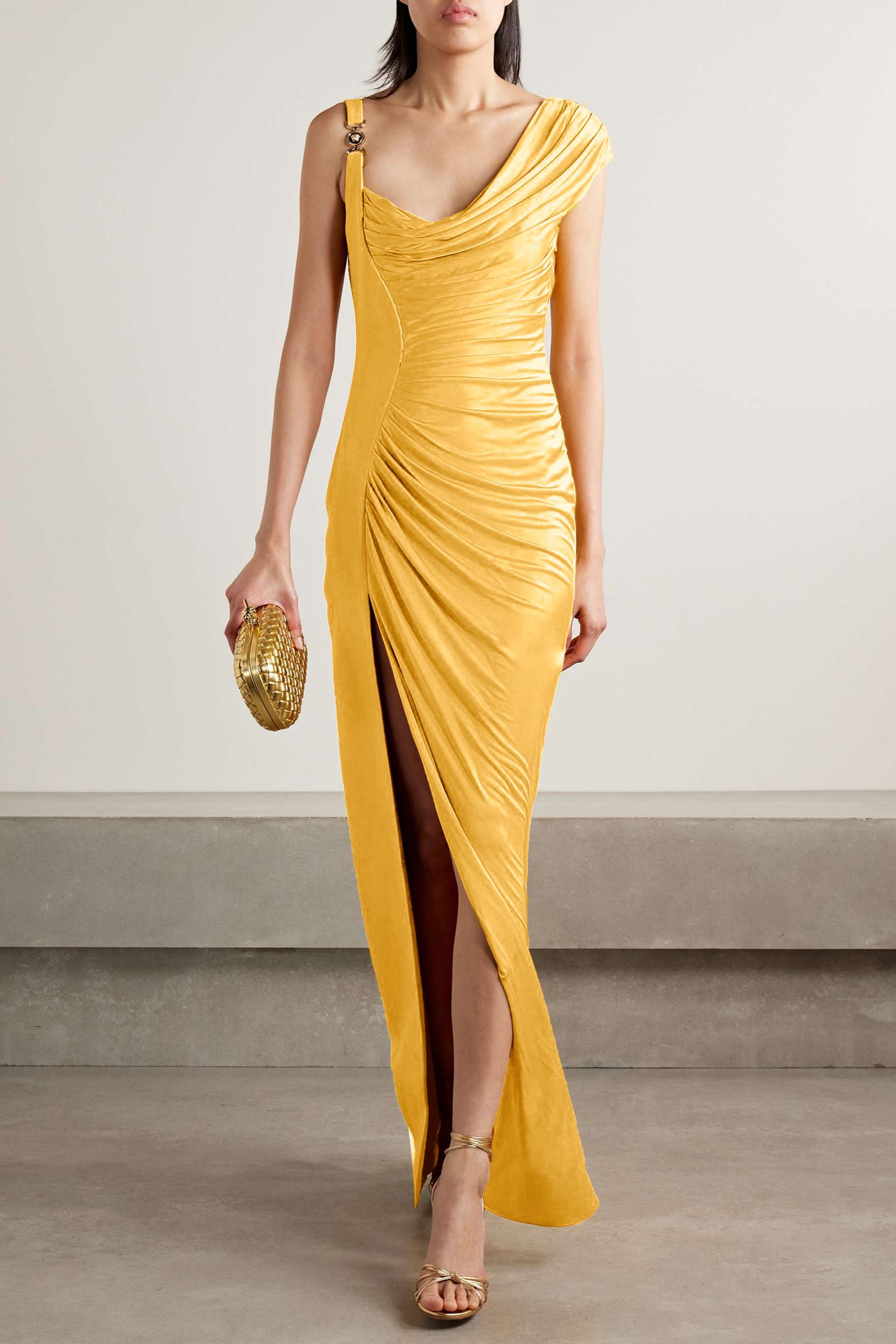 Satin Metal Decorations Slit Midi Dress