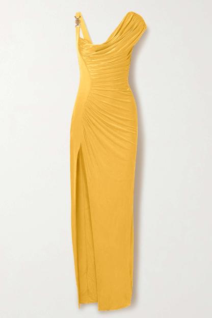 Satin Metal Decorations Slit Midi Dress