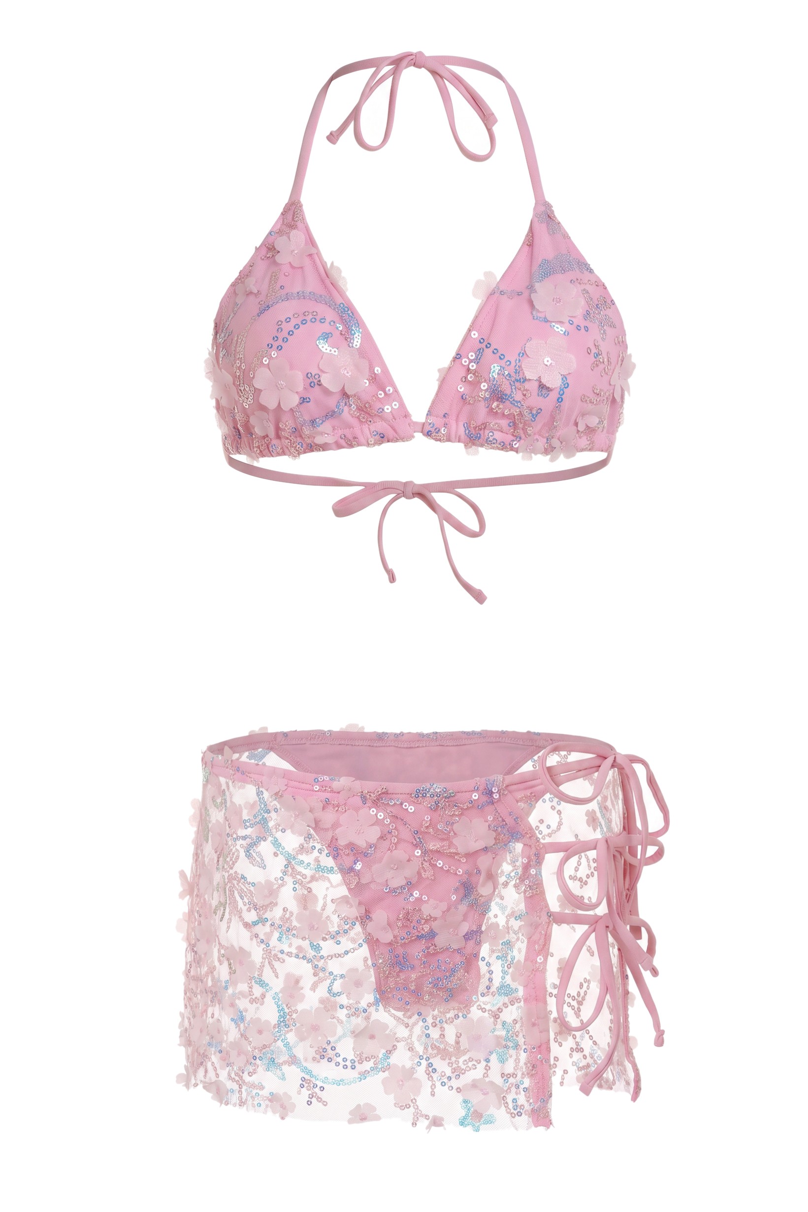 Sequin Halter Neck Tie-Up Bikini Three Piece Set