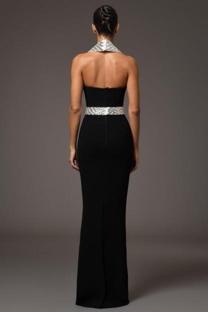 Bandage Rhinestone Rivets Halter Neck Maxi Dress